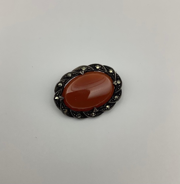 Silver brooch with carnelian. Marcasite. Germany. Beginning of the last century.