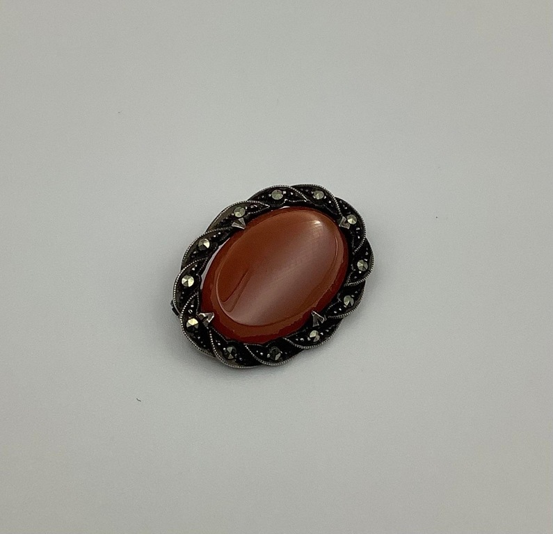 Silver brooch with carnelian. Marcasite. Germany. Beginning of the last century.