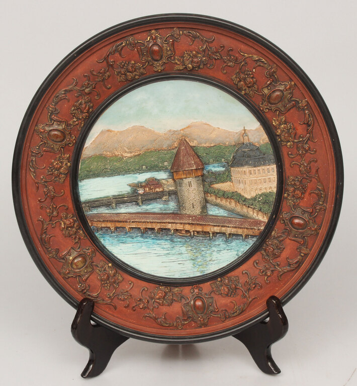 Decorative wall plate with a relief Lucerne bridge with a view of the water tower