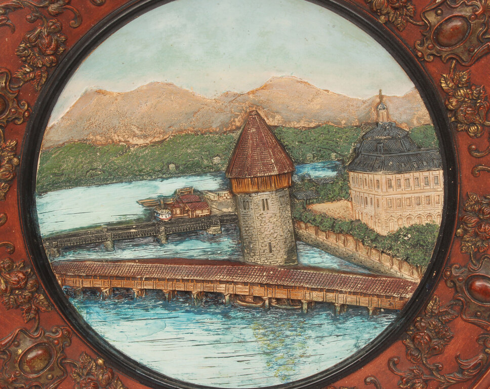 Decorative wall plate with a relief Lucerne bridge with a view of the water tower