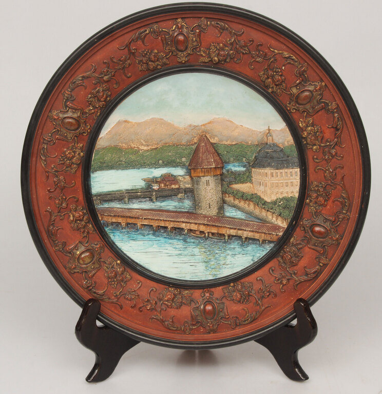 Decorative wall plate with a relief Lucerne bridge with a view of the water tower