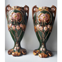 Art Nouveau majolica vases (pair), very rare, France