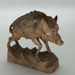 Antique wooden figurine of a Boar. 19th century. Latvia. Handmade.