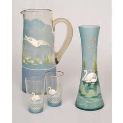 Art Nouveau glass set - pitcher, glasses and vase 