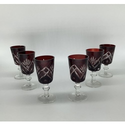 Vodka glasses, Ilguciems. Ruby crystal and hand-painted carving. Pre-war Latvia.