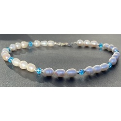 Necklace with white freshwater pearls, light blue crystals and silver elements