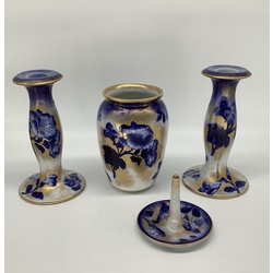 A wonderful boudoir set. England 1900. Hand painted with cobalt paints and karat gold paints.