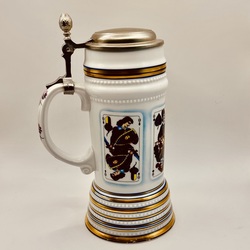 Beer cup with lid. Gift for the best card player. Joker. Hand-painted on the handle and decal with additional drawing. Bavaria. Mid-last century.