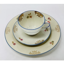 Tea pair and cake plate. Ivory porcelain with hand painting. Riga.