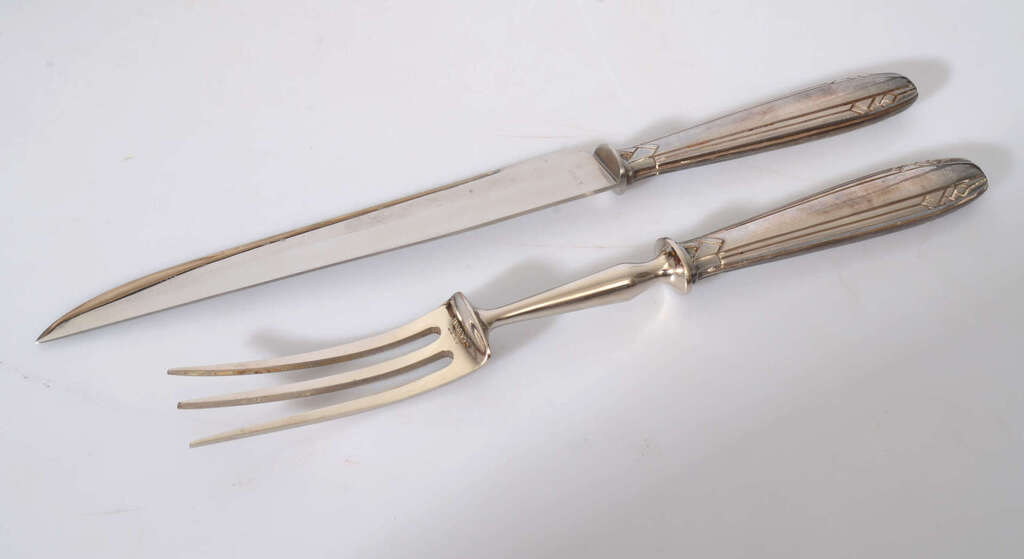 Silver roasting fork and knife