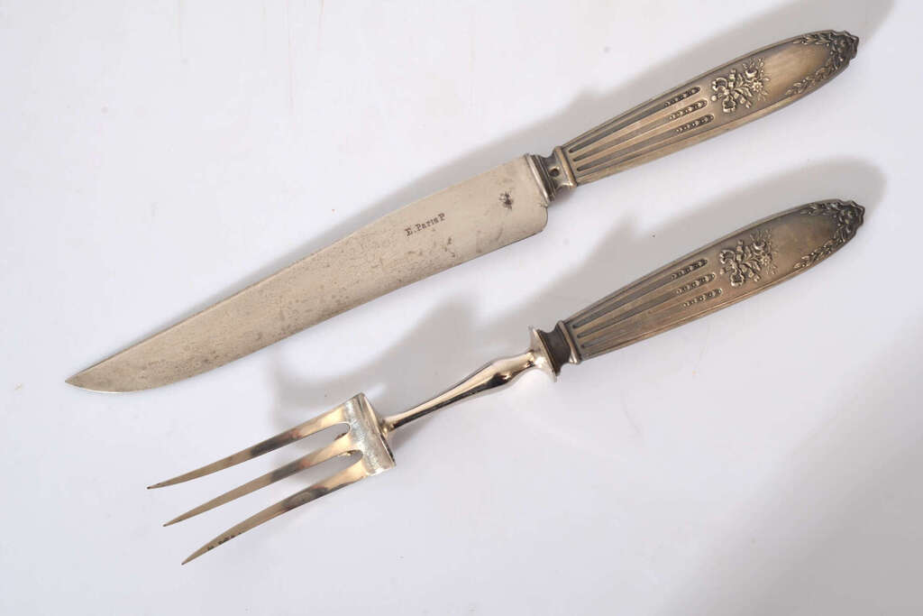 Silver roasting fork and knife in a box 