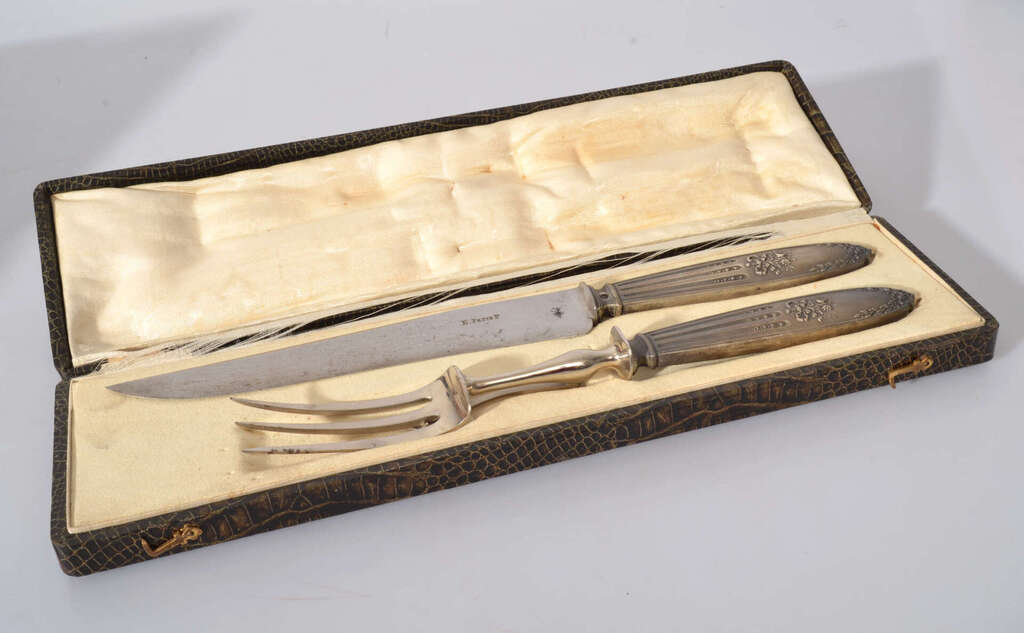 Silver roasting fork and knife in a box 