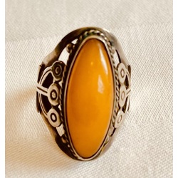 Antique silver ring with honey amber. Cabochon and national, Latvian symbols. Beautiful work of an old master.