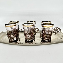 6 glass coffee cups in bronze cup holders. For Turkish coffee. Antique.