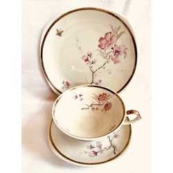 Antique tea trio made of ivory porcelain with hand painting.. Blooming garden. Bavaria, pre-war.