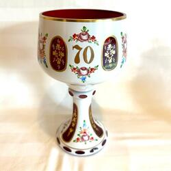 Huge anniversary cup made of ruby glass with enamel painting. Bohemia, last century. Perfect condition. Rarity.