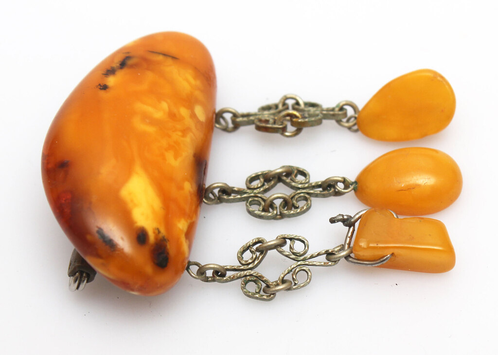 Natural Baltic amber brooch with charms, 9 g