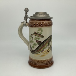 Beer mug with a zinc lid and a fish pattern. Rare hallmark.