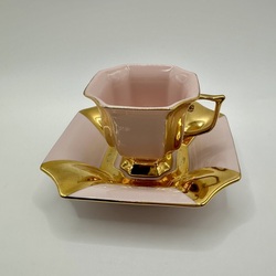 Empire style cup and saucer, pink porcelain, gold leaf