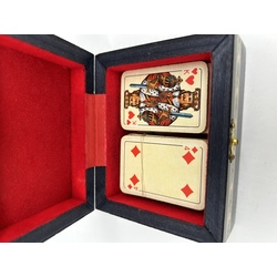 Two decks of antique cards in a wooden box in marquetry style. Rarity.