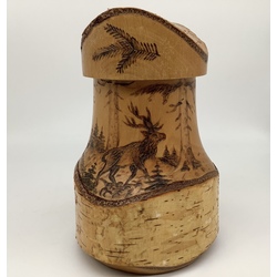 Latvia.Large beer cup made of birch with hunting motifs.Beautiful work of a folk craftsman.