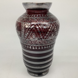 Ruby glass vase with silver plating. Rare, antique silver amalgam technique. Bohemia, 19th century.