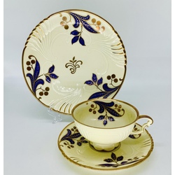 Perfect cobalt and antique gold. Collectible tea pair and cake plate. Hand painted, limited edition. Pre-war Germany.