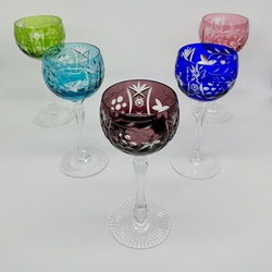 5 wine glasses made of colored crystal. Bohemia, hand carved and sanded