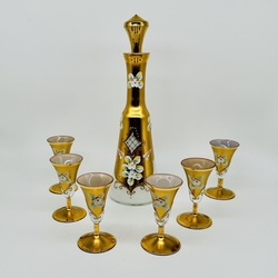 Elegant decanter and glasses.Bohemian crystal and gold plating.Hand painted.Floral decor.