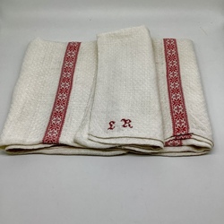 Antique tablecloth made of homespun linen with boring braid and embroidery. Initials ER. Latvia 19th century. The work of a folk craftsman.