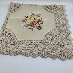 Linen tablecloth for a tea table. Hand embroidery and hand lace. Latvia