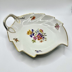 Porcelain dish in the shape of a leaf. Hand-painted and rare shape. Very old stamp.