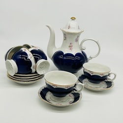 Coffee service for 6 persons. Cobalt, hand painted. Pre-war, graceful shape