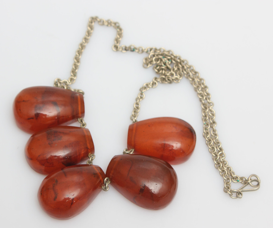 Fused amber necklace with metal trim