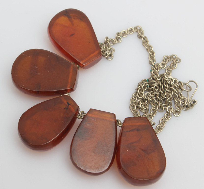 Fused amber necklace with metal trim