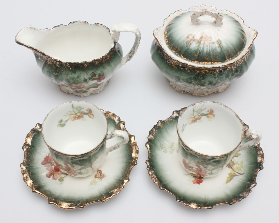 Porcelain set - 2 mugs with cups, sugar bowl, cream bowl