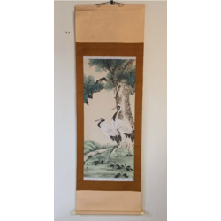 Japanese scroll on silk. Pine and two cranes. Bright caligraphic work