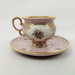 Coffee pair made of pink porcelain, hand painted. Czechoslovakia, pre-war