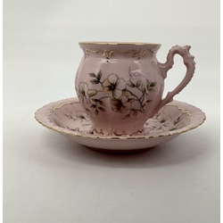 Coffee pair made of pink porcelain. Hand painted. Pre-war Czechoslovakia 