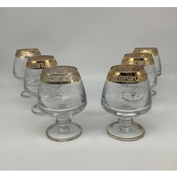 6 cognac glasses. Murano crystal. 24 carat gold, engraving 