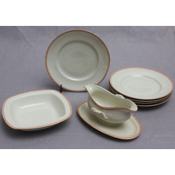 Kuznetsov porcelain tableware set - 5 dinner plates, 1 serving bowl, 1 sauce dish