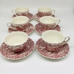 6 tea pairs from the MYOTT hunting service. England. Hand painted