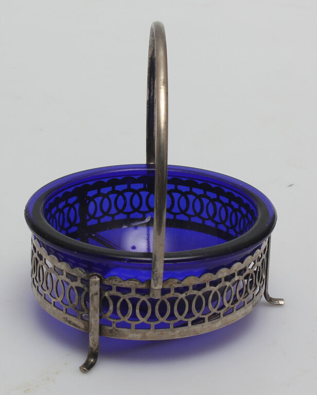 Blue glass set with metal finish (3 bowls and a spoon)