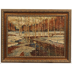 Spring landscape with birch grove and melting snow