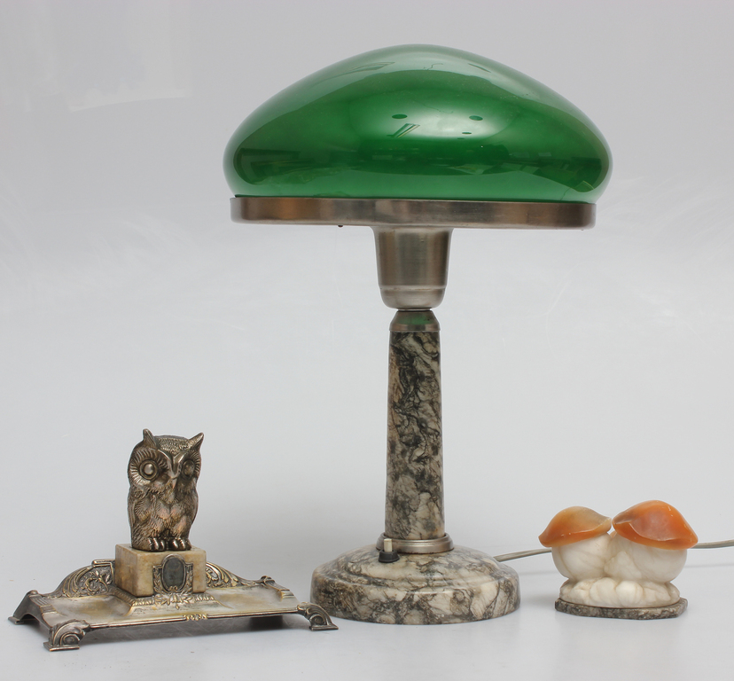 Electric lamp, business card holder 'Owl', marble figure 'Mushrooms'