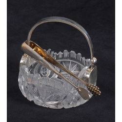 Crystal sugar-basin with a silver finish and silver sugar tongs